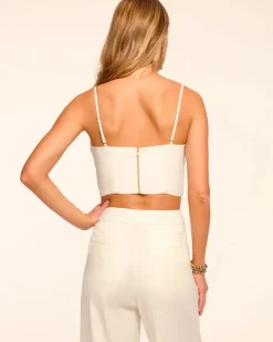 Outlet - Gabi Linen Embellished Crop Top - White Floral Crop Tops