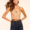 Online - Harlow Embroidered Halter Crop Top - Natural Fleur Crop Tops