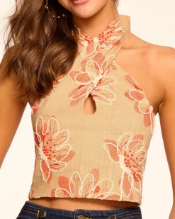 Online - Harlow Embroidered Halter Crop Top - Natural Fleur Crop Tops