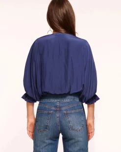 Sale - Vina V Neck Blouse - Navy Blouses