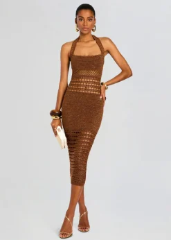 Discount - Jaycee Crochet Dress - Sepia/Bronze Midi | Midi Dresses