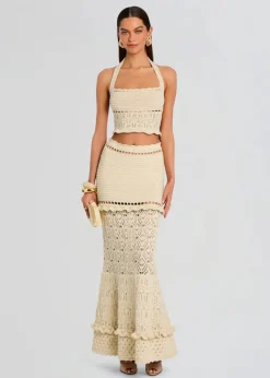 Outlet - Magdalena Crochet Skirt - Ivory/Gold Long Skirts