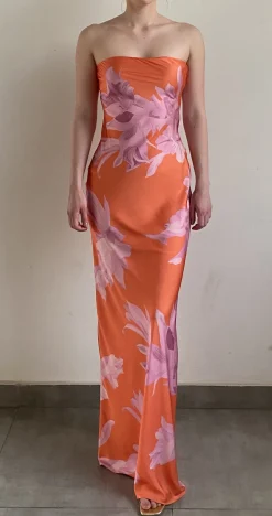Clearance - Strapless Maxi Dress - Orange Dresses