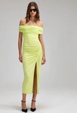 Outlet Self- Portrait - Lime Jersey Off Shoulder Midi Dress - Green Dresses | Midi