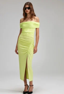 Outlet Self- Portrait - Lime Jersey Off Shoulder Midi Dress - Green Dresses | Midi