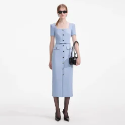 Hot - Crepe Button Midi Dress - Blue Midi | Midi Dresses