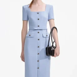 Hot - Crepe Button Midi Dress - Blue Midi | Midi Dresses