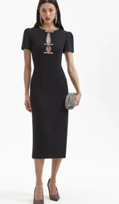 Fashion - Crepe Diamante Bow Midi Dress - Black Dresses | Midi