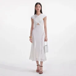 Discount - Knit Lace Insert Midi Dress - White Midi | Midi Dresses
