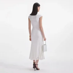 Discount - Knit Lace Insert Midi Dress - White Midi | Midi Dresses