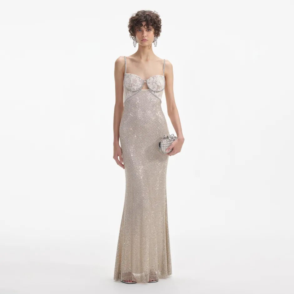 Best - Rhinestone Mesh Maxi Dress - Cream Dresses | Long Dresses