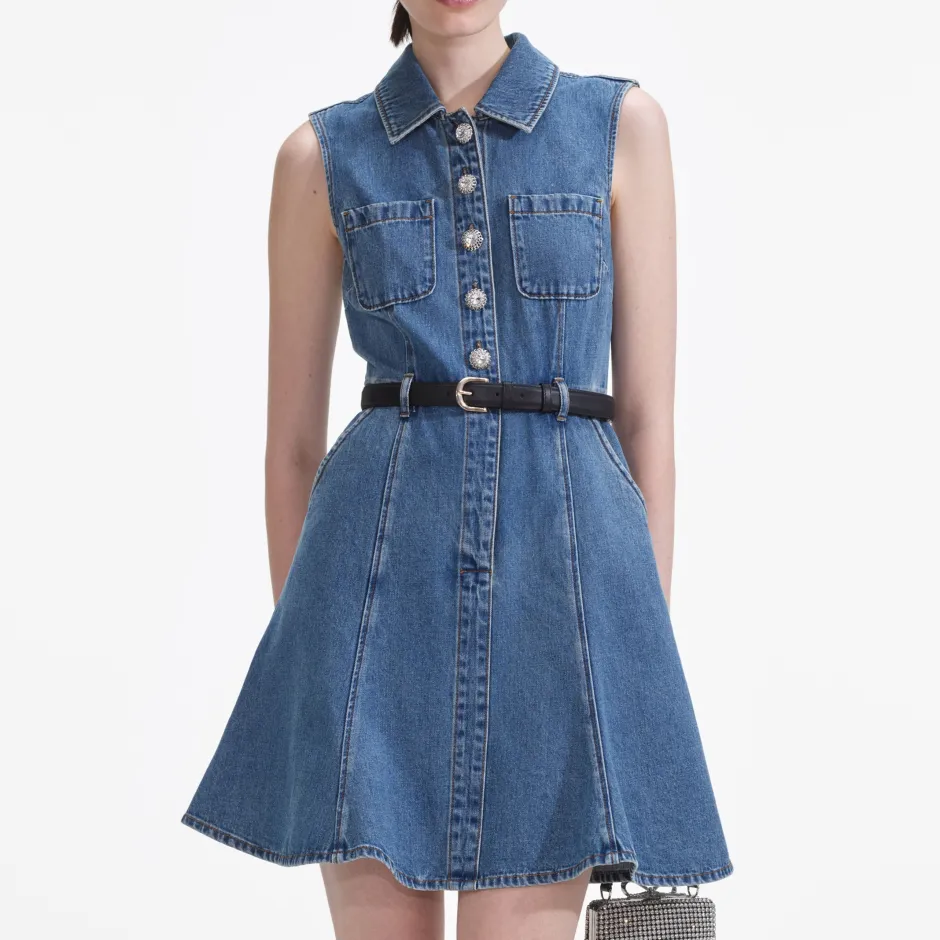 New - Sleeveless Pearl Mini Dress - Denim Mini Dresses | Dresses