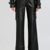 Clearance - Fifer Vegan Leather Mid Rise Cargo Pant - Black Pants