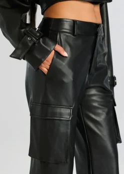 Clearance - Fifer Vegan Leather Mid Rise Cargo Pant - Black Pants