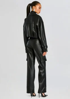 Clearance - Fifer Vegan Leather Mid Rise Cargo Pant - Black Pants