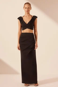 New - Lani Cross Front Ruched Crop Top - Black Crop Tops