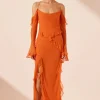 Clearance - Layla Long Sleeve Ruffle Maxi Dress - Flame Orange Dresses | Long Dresses