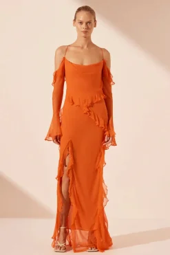 Clearance - Layla Long Sleeve Ruffle Maxi Dress - Flame Orange Dresses | Long Dresses