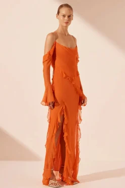 Clearance - Layla Long Sleeve Ruffle Maxi Dress - Flame Orange Dresses | Long Dresses