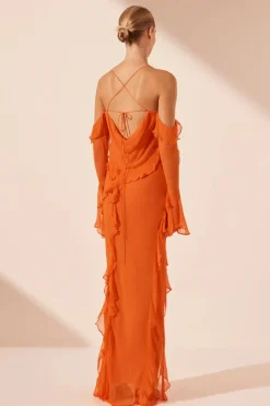 Clearance - Layla Long Sleeve Ruffle Maxi Dress - Flame Orange Dresses | Long Dresses