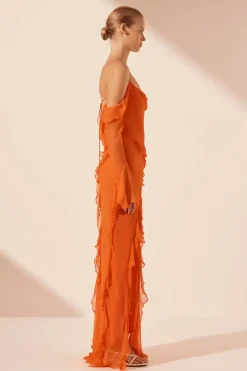 Clearance - Layla Long Sleeve Ruffle Maxi Dress - Flame Orange Dresses | Long Dresses