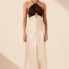 Clearance - Lino Cross Back Halter Maxi Dress - Cream/Black Dresses | Long Dresses