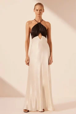 Clearance - Lino Cross Back Halter Maxi Dress - Cream/Black Dresses | Long Dresses