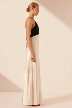 Clearance - Lino Cross Back Halter Maxi Dress - Cream/Black Dresses | Long Dresses