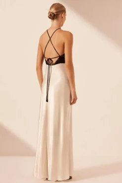 Clearance - Lino Cross Back Halter Maxi Dress - Cream/Black Dresses | Long Dresses