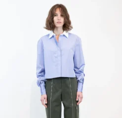 Fashion - Pipper Cropped Shirt - Chambray Blue Crop Tops