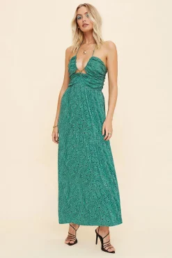 Fashion - Stella Gathered Tie Neck Detail Midi - Green Paisley Dresses | Midi