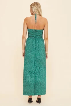 Fashion - Stella Gathered Tie Neck Detail Midi - Green Paisley Dresses | Midi