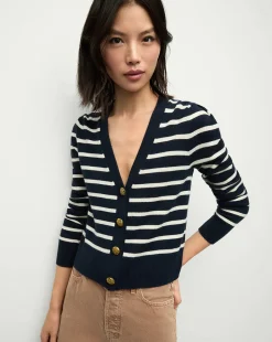 Discount - Solene Cashmere Striped Cardigan - Navy/Ivory Sweaters & Knits